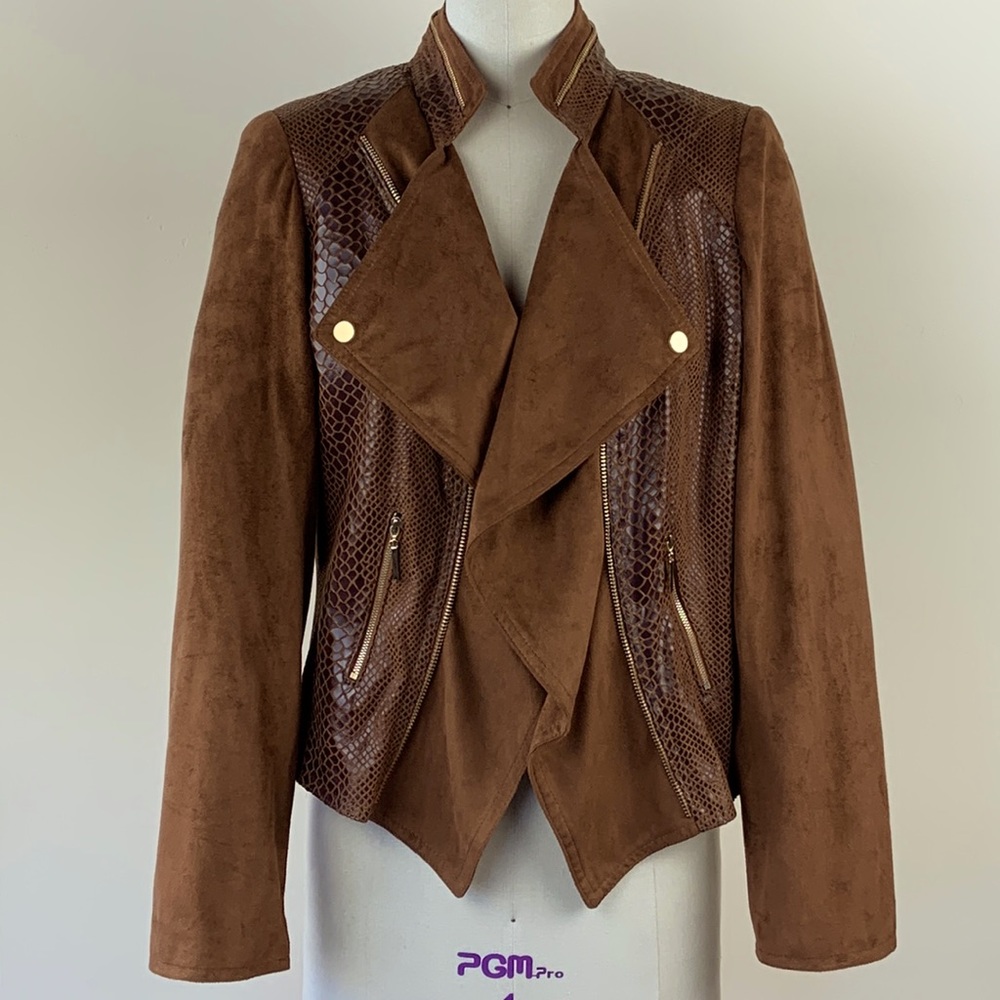 Extenzo Paris NWOT Vegan Faux Brown Suede Exotic Leather Jacket French Fashion